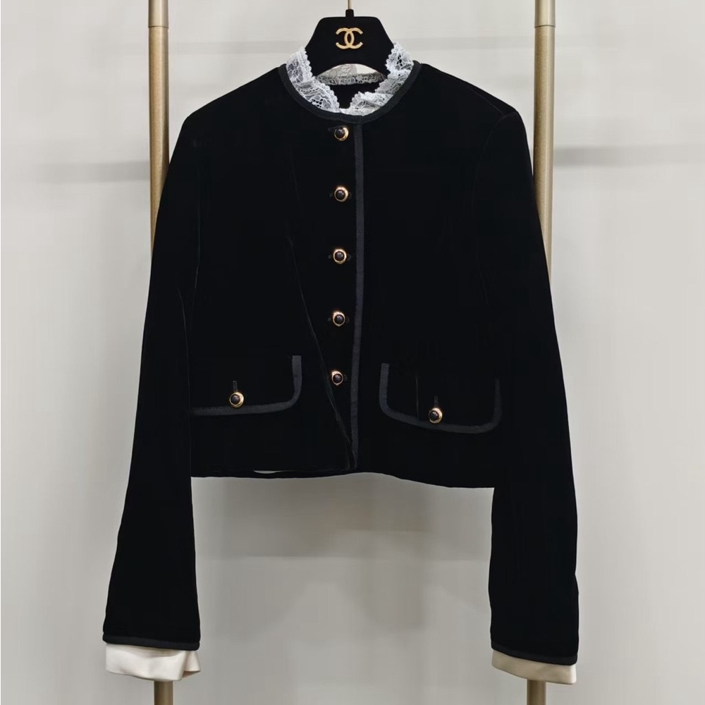 Authentic Miu Miu Black Velvet Jacket and Skirt Set with Gold Accents - Picture 2 of 5